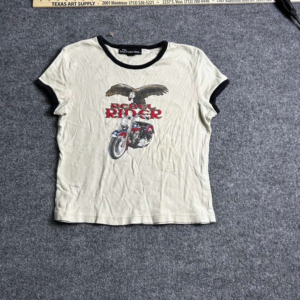 No Boundaries T-Shirt Womens Size M Cream Rebel Rider Biker Graphic Ringer Tee